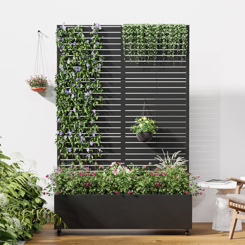 Boîte à fleurs d'extérieur individuelle en métal rectangulaire avec treillis pour plantes grimpantes