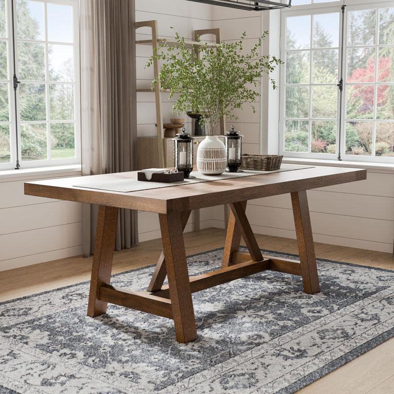 Rectangular Wooden Dining Table With Trestle Base In Brown