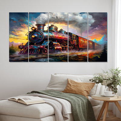 Steamtrain Travelling In The Sunset, peinture I - train, art mural sur toile - 5 panneaux égaux