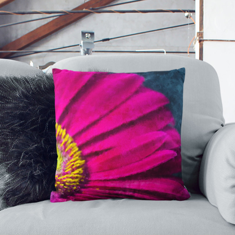 Bright Pink Gerbera Flower Cushion with Filling, Black, 40cm H x 40cm W x 15cm D