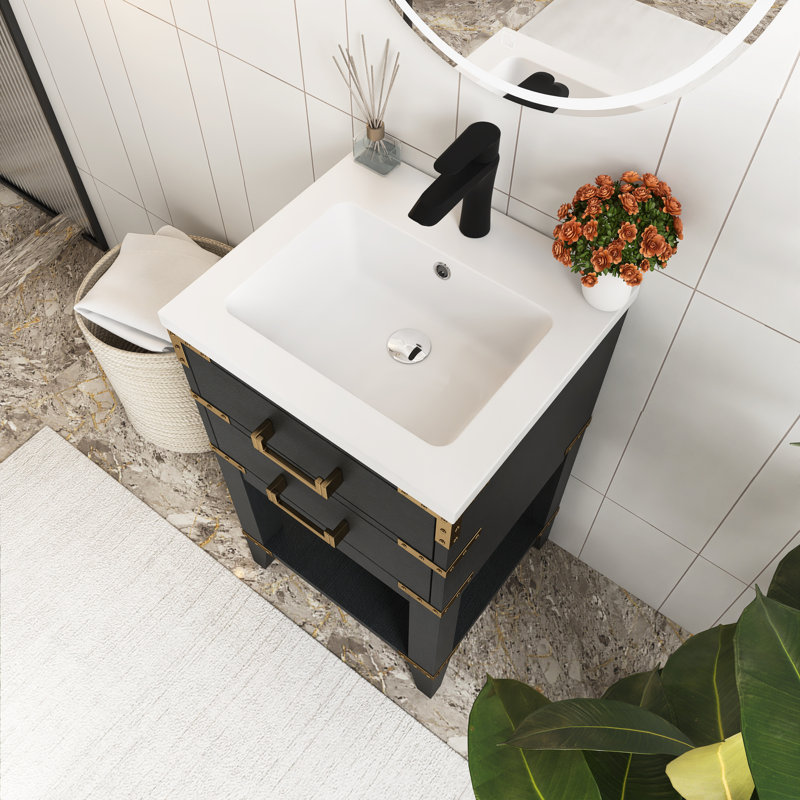 Meuble-lavabo autoportant en contreplaqué 20 po avec plateau blanc, Chêne noir