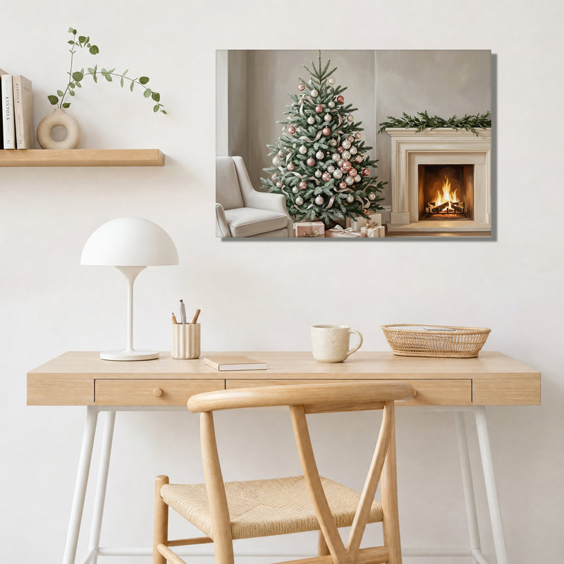 Arbre de Noël décoré avec cheminée et cadeaux, art mural sur toile, H 16 po x l 24 po