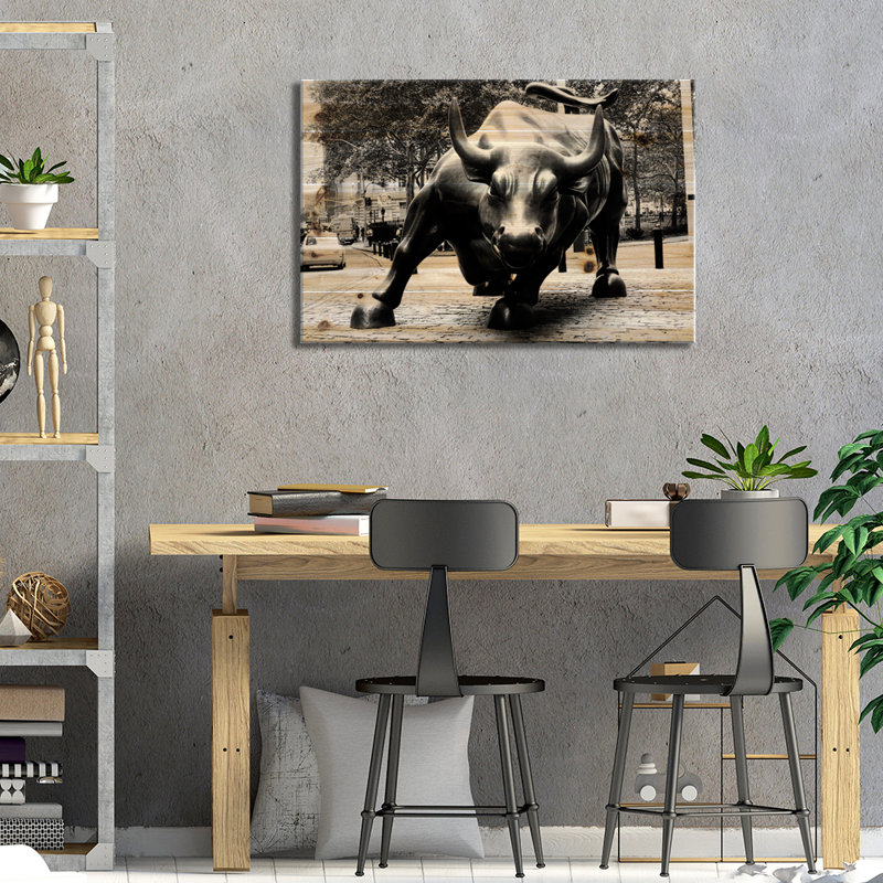 Wall Street Bull noir et blanc - impression sur bois sans cadre, L 40 po x H 26 po