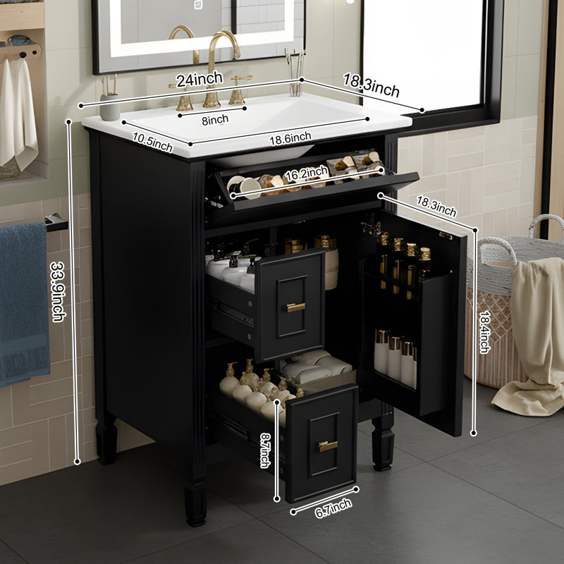 24" Freestanding Bathroom Vanity With Sink, Black