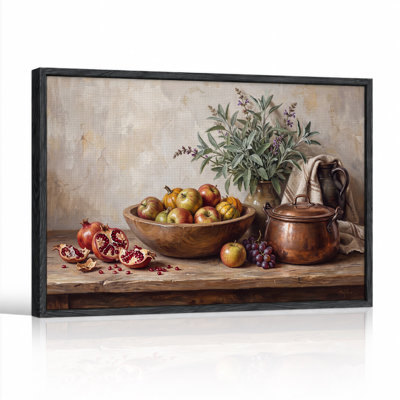 Red Apples and Pomegranates in Wooden Bowl with Copper Pot Canvas Wall Art