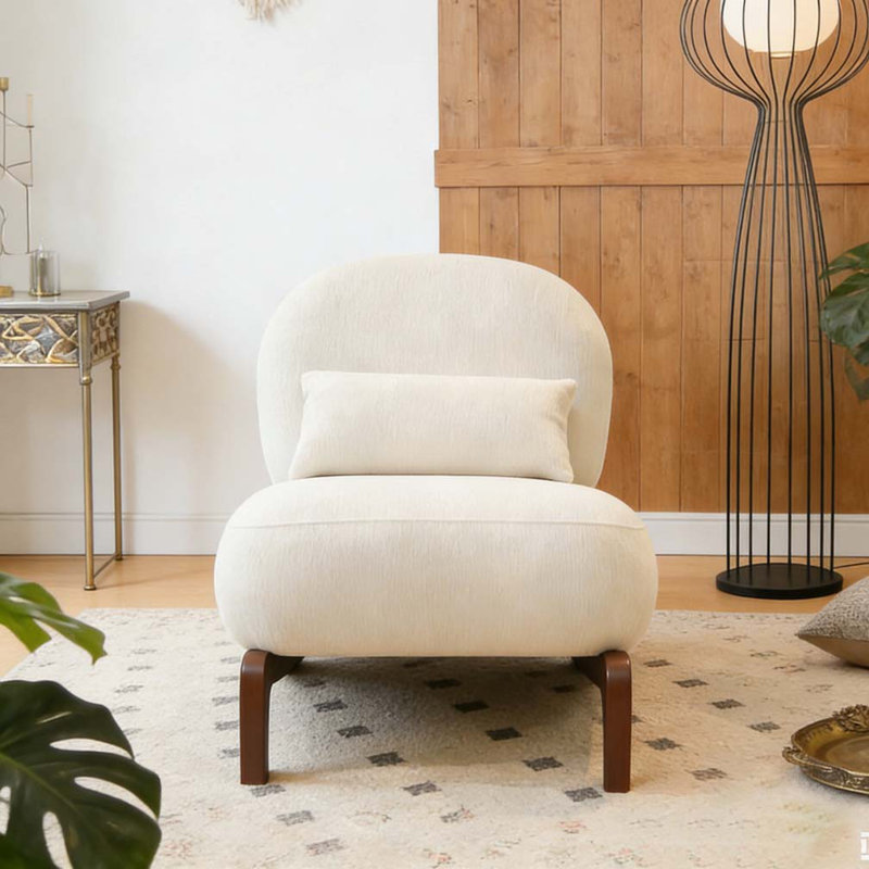 Cute Accent Chair with Solid Wood Legs, Fabric, White