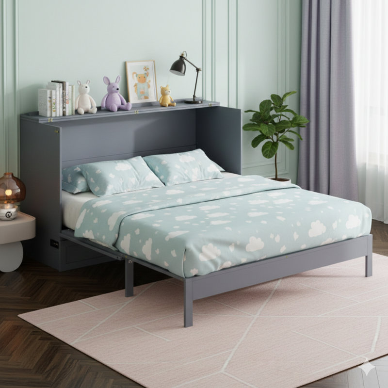 Grand lit escamotable avec grands tiroirs, gris.