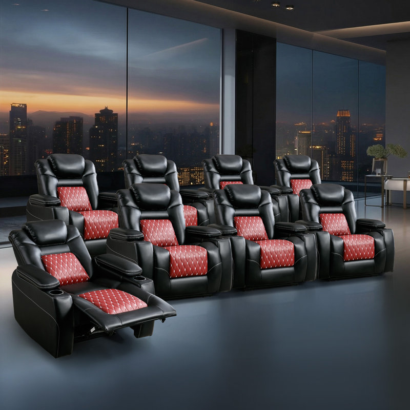 36.1" Wide Modern And Overstuffed Breathable Leather Dual Motor Power Reclining Home Theater Seat With Adjustable Headrest
