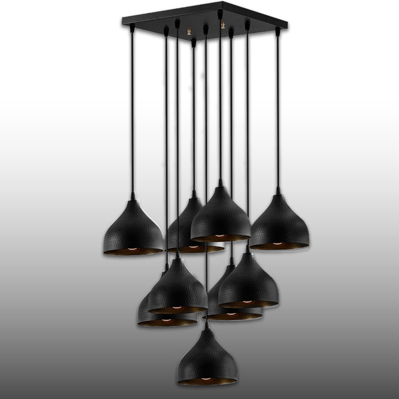 Luminaire suspendu industriel en métal à hauteur réglable 9 lumières, Noir