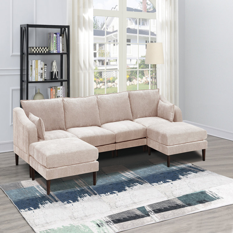 Ensemble de 6 chaises modulaires modulaires avec accoudoirs et fauteuil avec repose-pieds et canapé en U, Suède rose