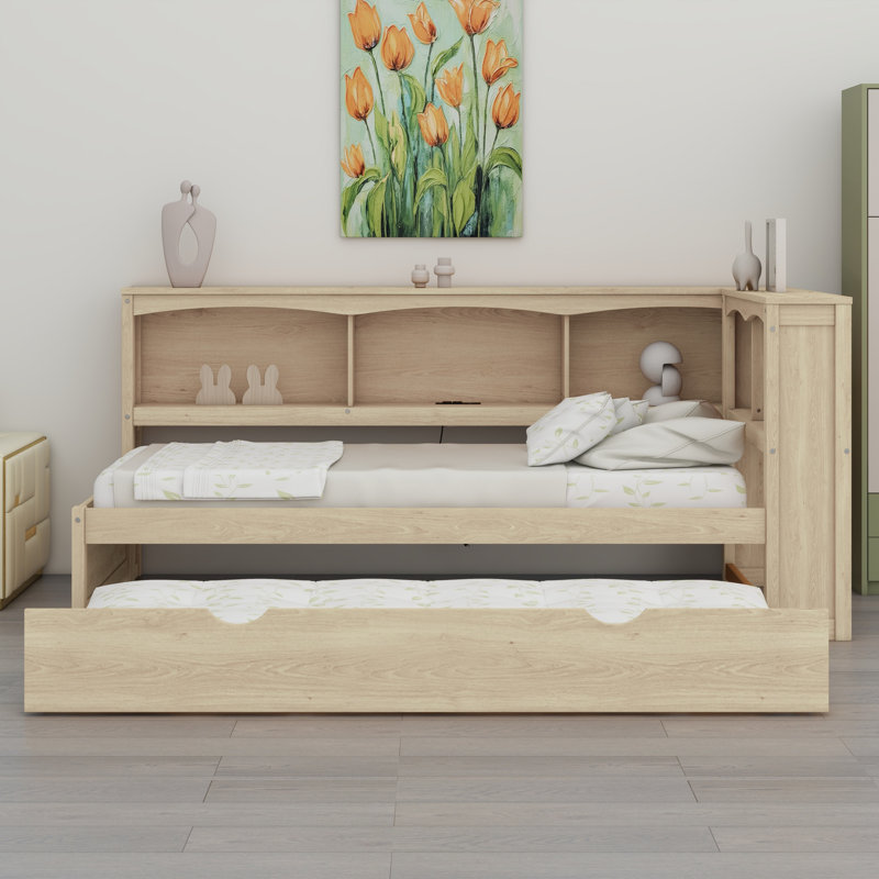 Lit de jour avec lit gigogne, armoires de rangement et ports USB, Bois