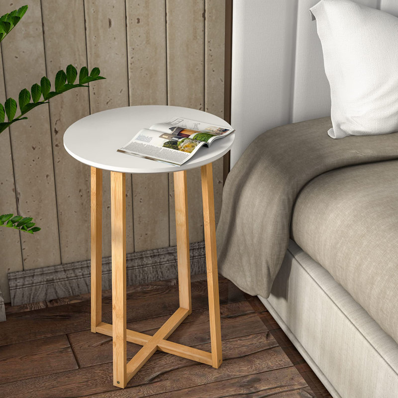 Table d'appoint pour table de bout de salon - pour canapé et table de chevet ronde avec pieds robustes en bambou, Blanc
