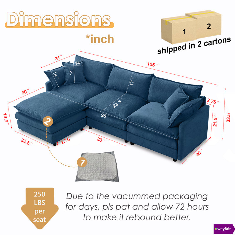 Bodhild Boneless Avrilynn 105" Modular Chenille Sectional Couch 3 Seater with Ottoman, Blue Chenille