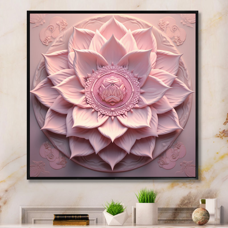 Délicat mandala de lotus rose encadré sur toile, H 36 po x l 36 po, Cadre flottant noir