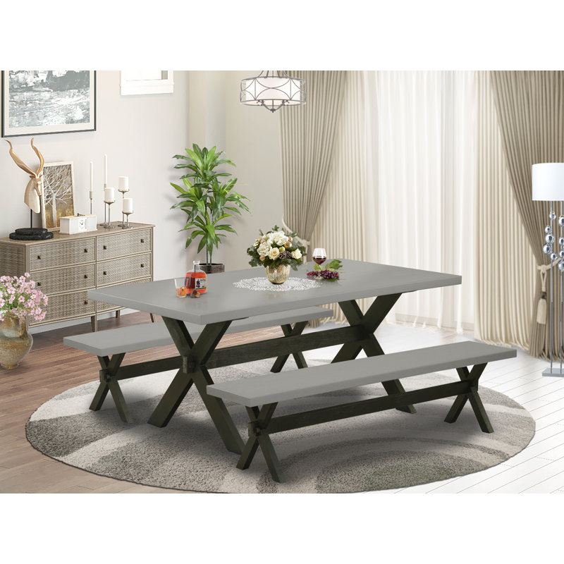 L'ensemble de table de cuisine 3 pièces pour petits espaces comprend une table de salle à manger rectangulaire avec pieds en X et 2 bancs de salle à manger, base noire brossée