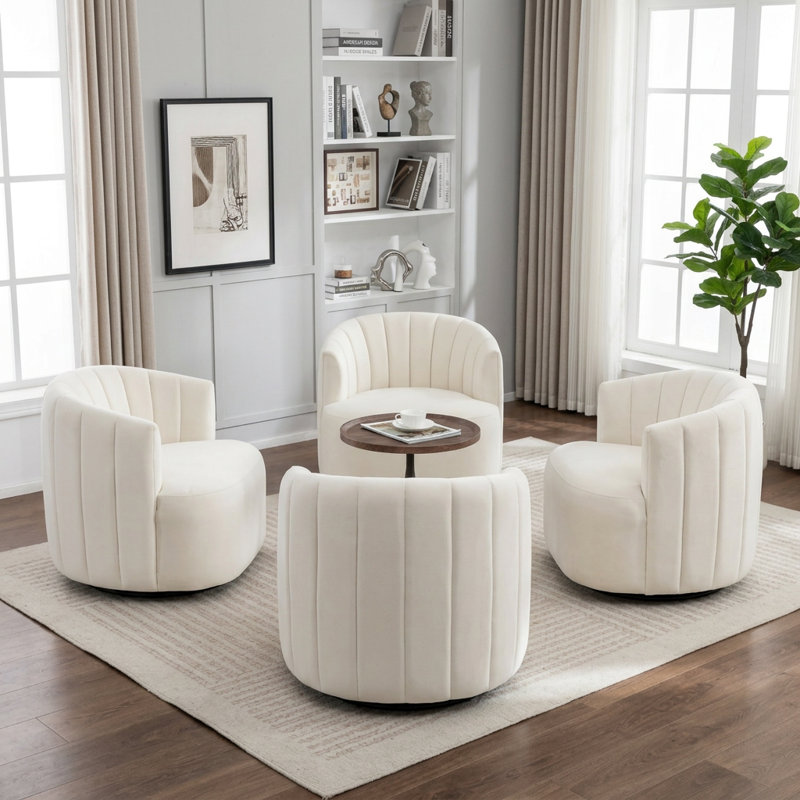 Fauteuil demi-tonneau pivotant en velours Stanford, Beige