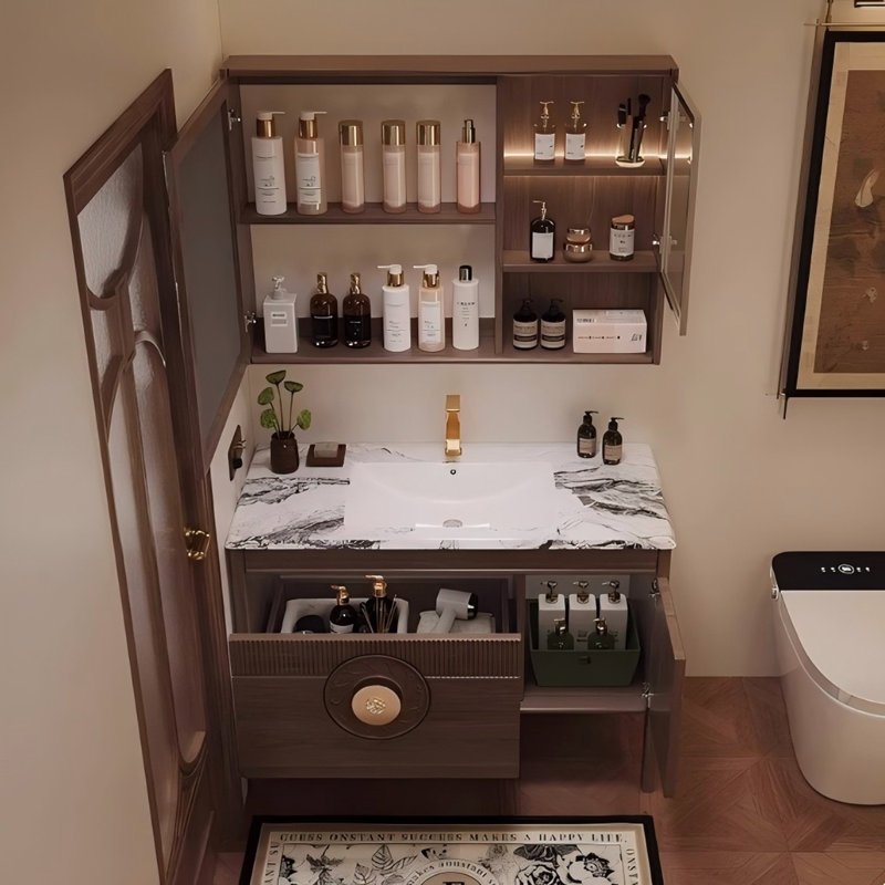 Meuble-lavabo autoportant en bois d'hévéa massif 39,37 po avec miroir, 40"