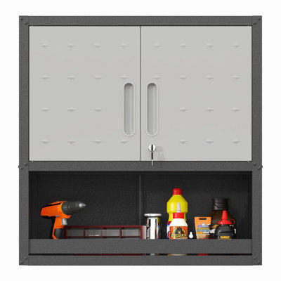 Metal Wall-Mounted Tool Storage Cabinet With Locking Door And 1 Shelf 1 Opened Drawer For Garage Warehouse,Office,Assembly Required