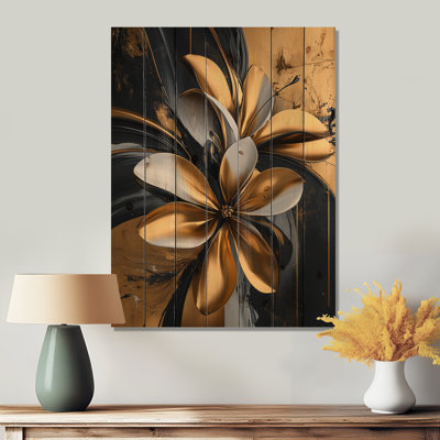 Golden Dahlia Petal II géométrique - décoration murale en bois de dahlia - sur bois de pin naturel