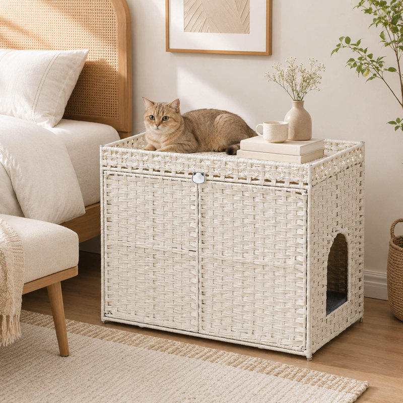 Enceinte de litière 30 po en rotin blanc, tapis et crochets, Blanc