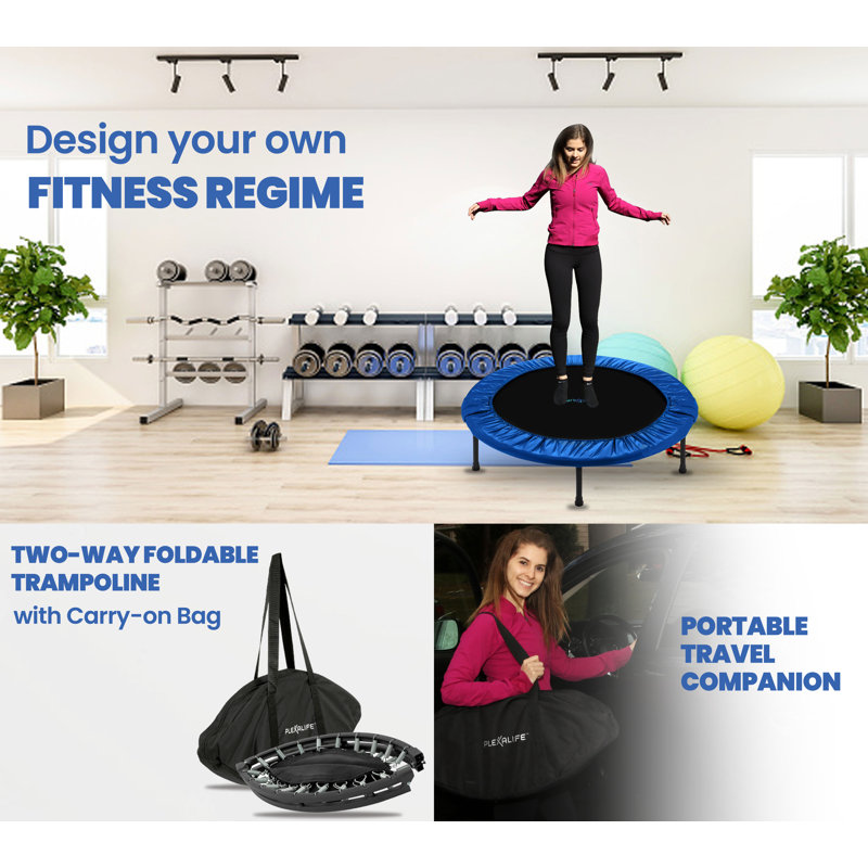 Mini trampoline pour adultes Plexalife - Trampoline d'intérieur de remise en forme pour l'exercice - Petit trampoline avec rembourrage de sécurité, trampoline double pliable avec sac de voyage