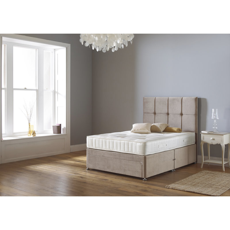 Asia Upholstered Divan Bed with Mattress, Midnight Blue Linen, Small Single, 2 Drawers