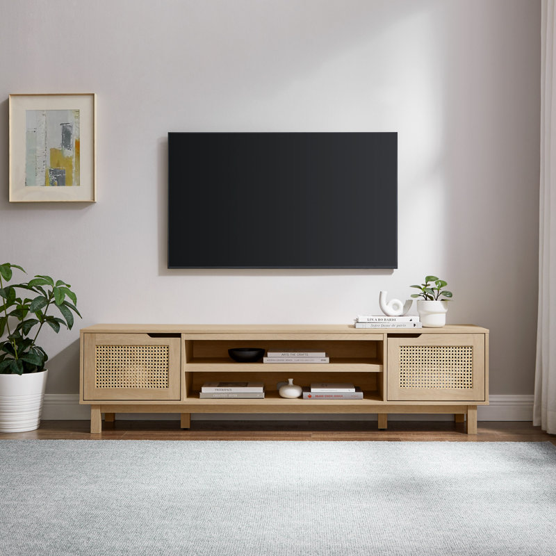 Meuble télé moderne avec porte en rotin pour téléviseur de 80 po ou moins - Coastal Oak On-Site