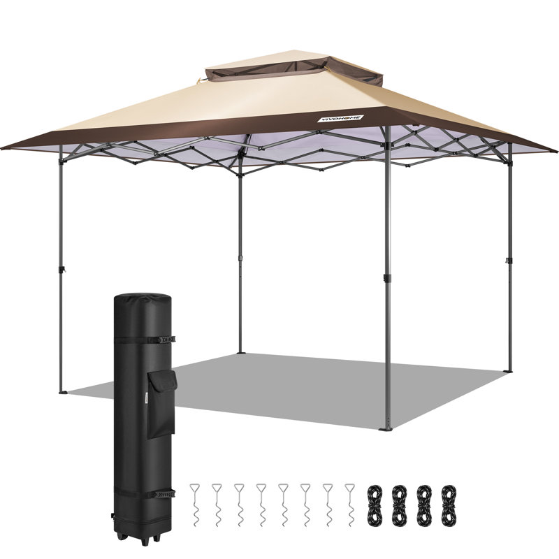 Double Tiered Roof Outdoor Portable Pop Up Canopy Tent with with Wheel Carry Bag, Beige, 10 ft. x 10 ft.