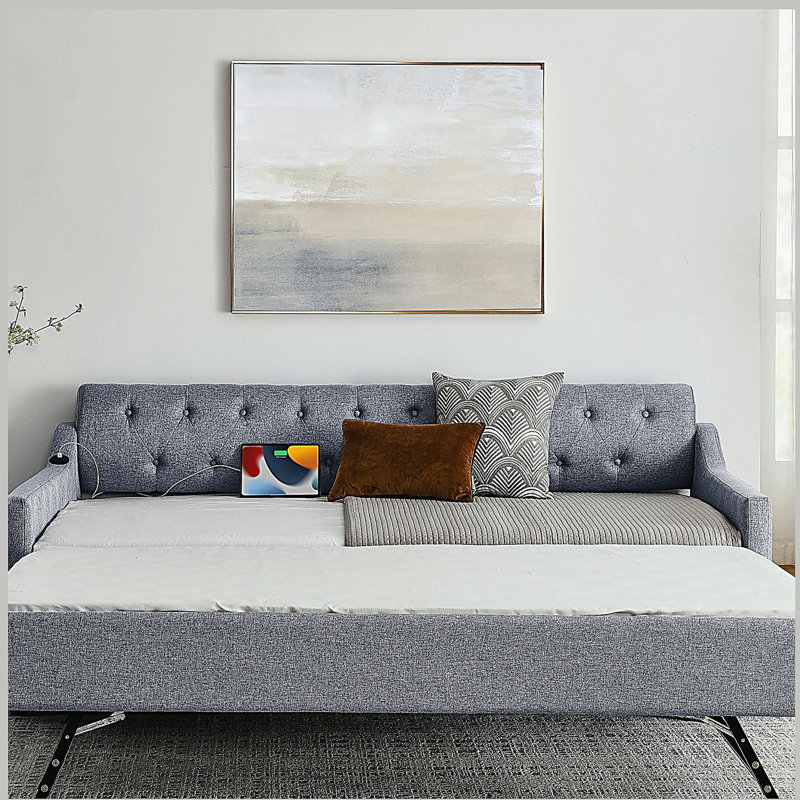 Lit de jour simple rembourré avec couchette et chargement USB, Gris