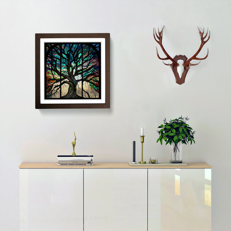 Tree Stained Glass Effect - Single Picture Frame Print on Wood, Walnut