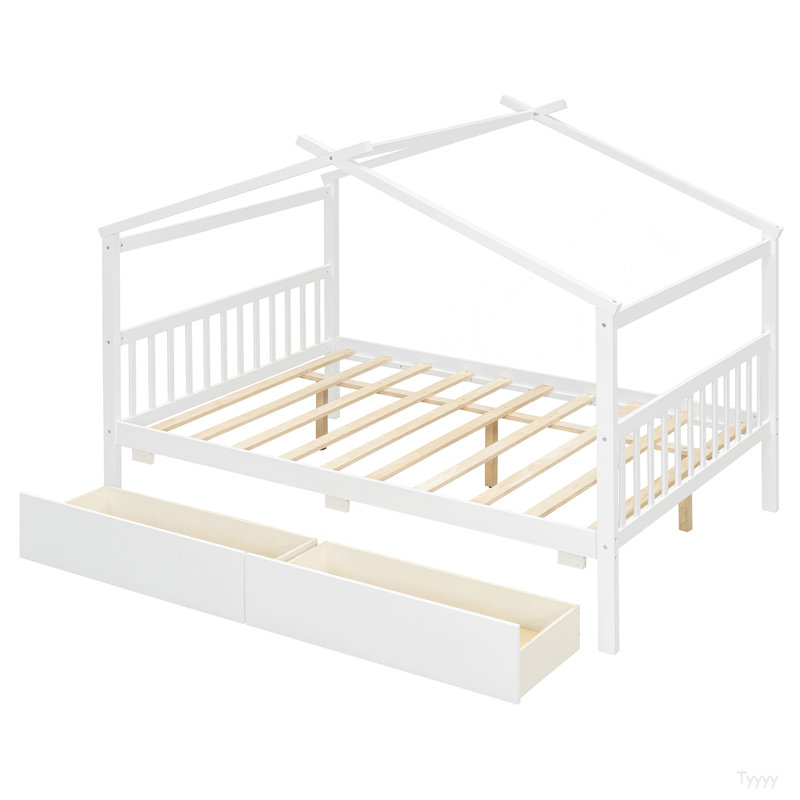 Lit double en bois avec tiroirs, Full, Blanc