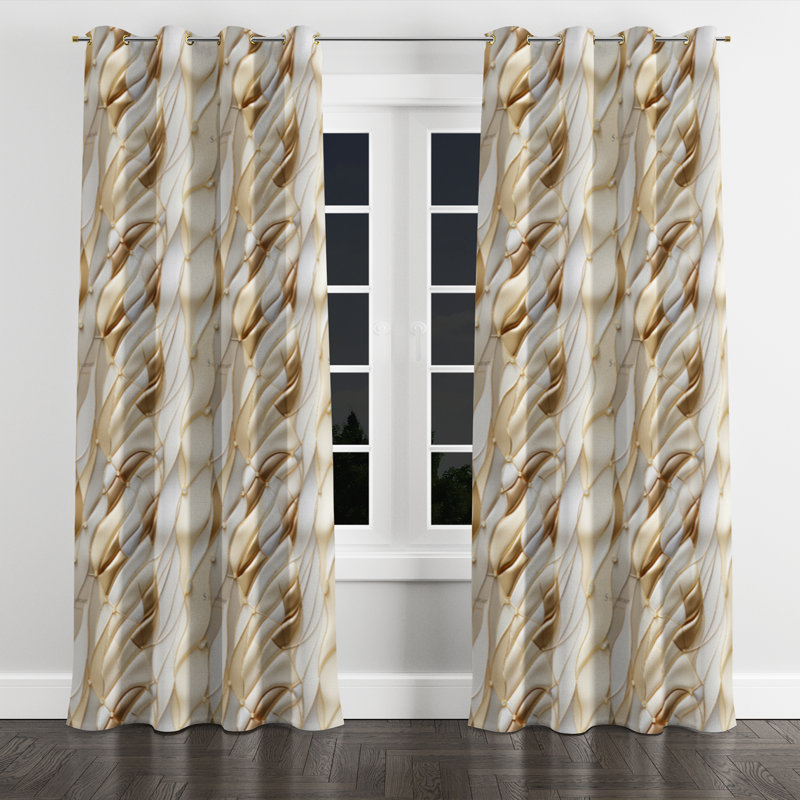 Rideau occultant à œillets doré et blanc champagne Marble Waves I - 1 panneau, L 52 po x L 84 po, Œillets dorés