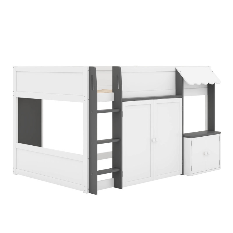 Full Low Loft Bed With Storage, Door And Window, Wood Playhouse Bed Frame With Storage, White/Gray