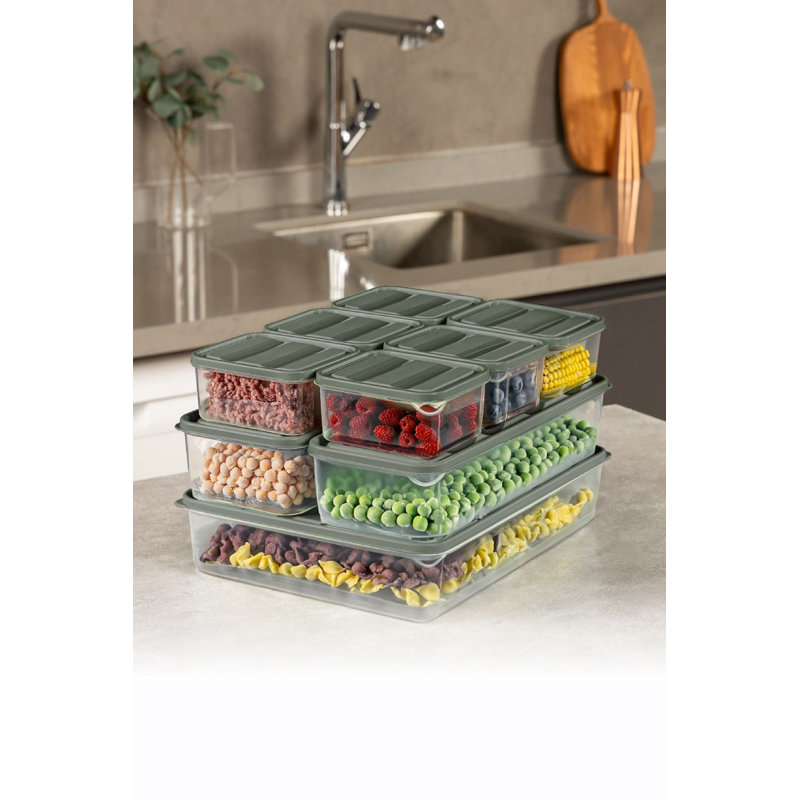 Ensemble de boîtes de rangement polyvalentes 9 pièces, vert, 6,5 x 12 x 2,8 pouces (2 pièces), 9 x 11,6 x 2,4 pouces (1 pièce), 3,5 x 4,1 x 2,2 pouces (6 pièces) | 100% plastique, va au lave-vaisselle, idéal pour organiser les essentiels de cuisine et de maison