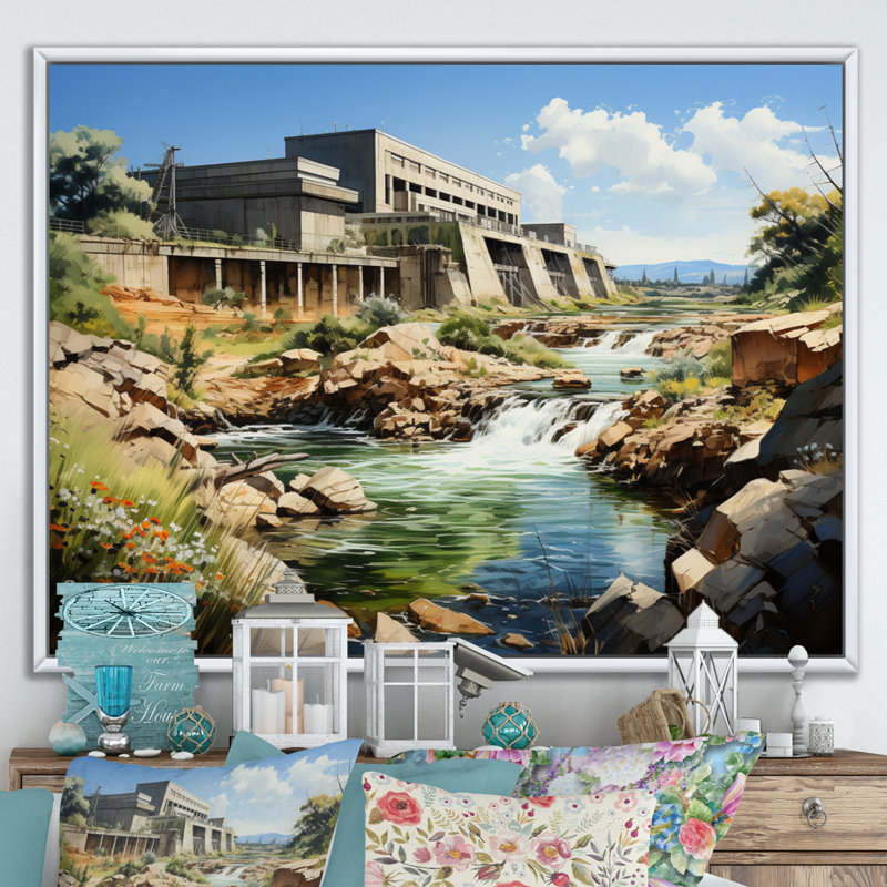 Dam Industrial Beauty Urban - Dams Wall Art Living Room, H 34 po x l 44 po x P 1,5 po, Cadre flottant blanc