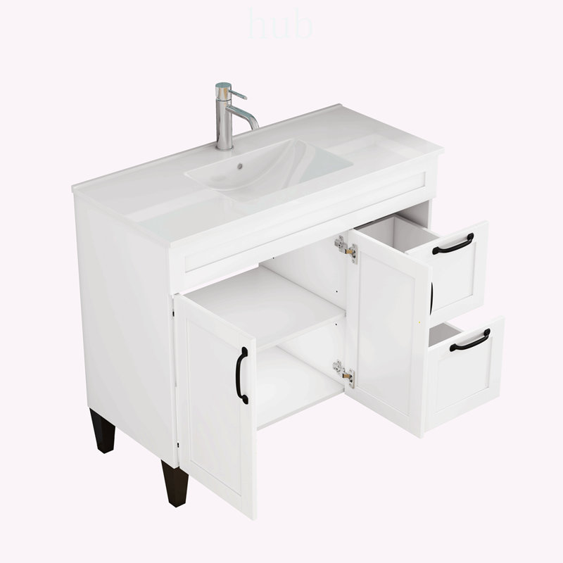 Meuble-lavabo de 100 cm (39,4 pouces) avec lavabo, 2 portes, 2 tiroirs, charnières à fermeture amortie, design moderne, montage facile et construction durable.