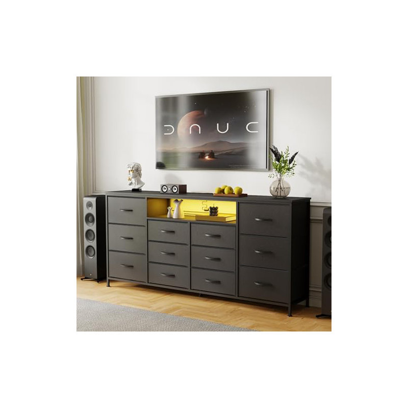 63" Dresser TV Stand for 65 70 75 Inch TV, Fabric Chest of Drawers with Charging Station, LED Lights, Black