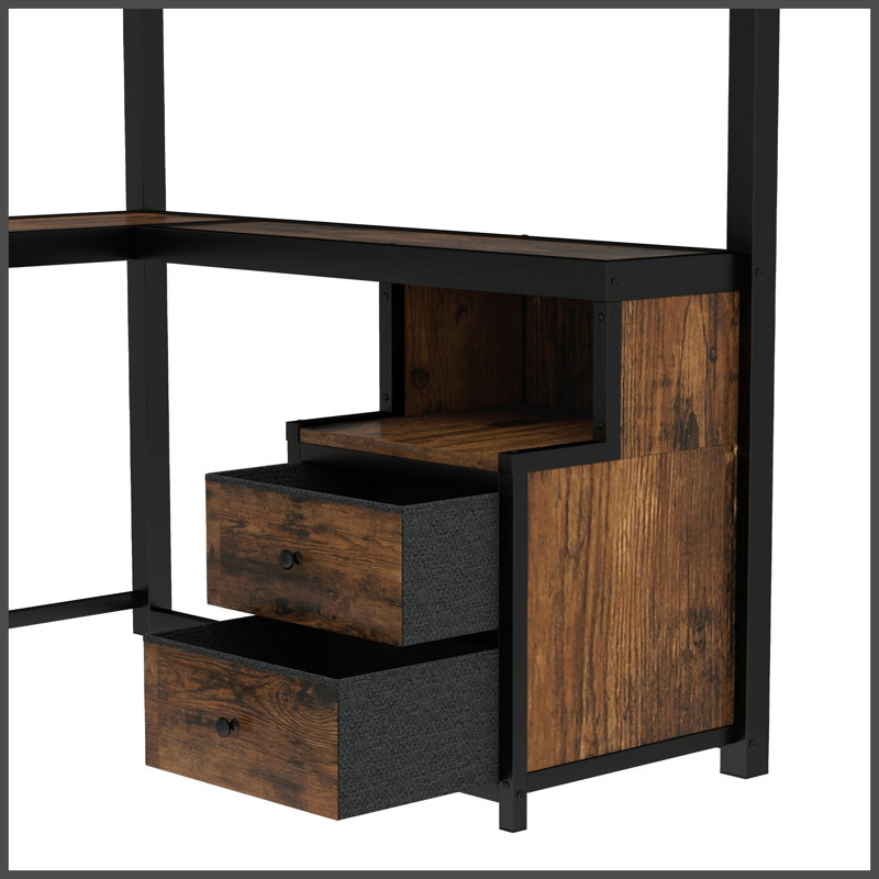 Grand lit mezzanine en métal avec tiroirs de rangement, bureau intégré, échelle - noir