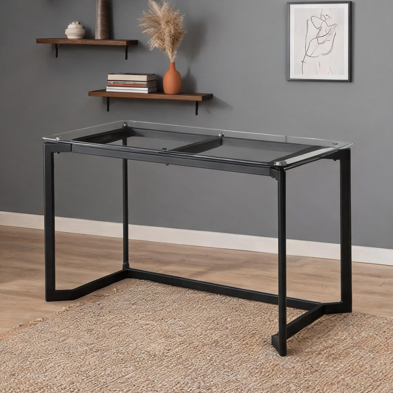 Bureau d'écriture rectangulaire avec plateau en verre trempé et structure en acier noir, 47,25 po de largeur, transparent et noir