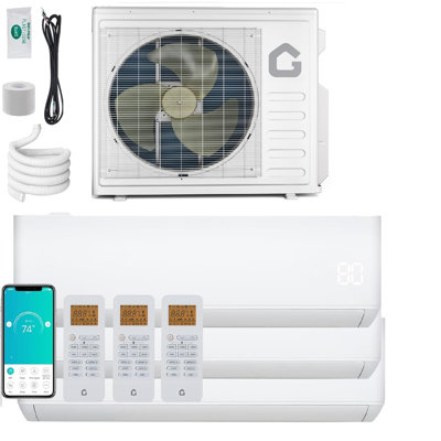 Système de chauffage à deux zones à 3 zones 28 000 BTU (9 K + 9 K + 18 K), climatiseur mural sans conduit à deux zones 230 SEER2 230 V avec condensateur préchargé, pompe à chaleur, fonctionne avec Alexa, tube de cuivre non inclus