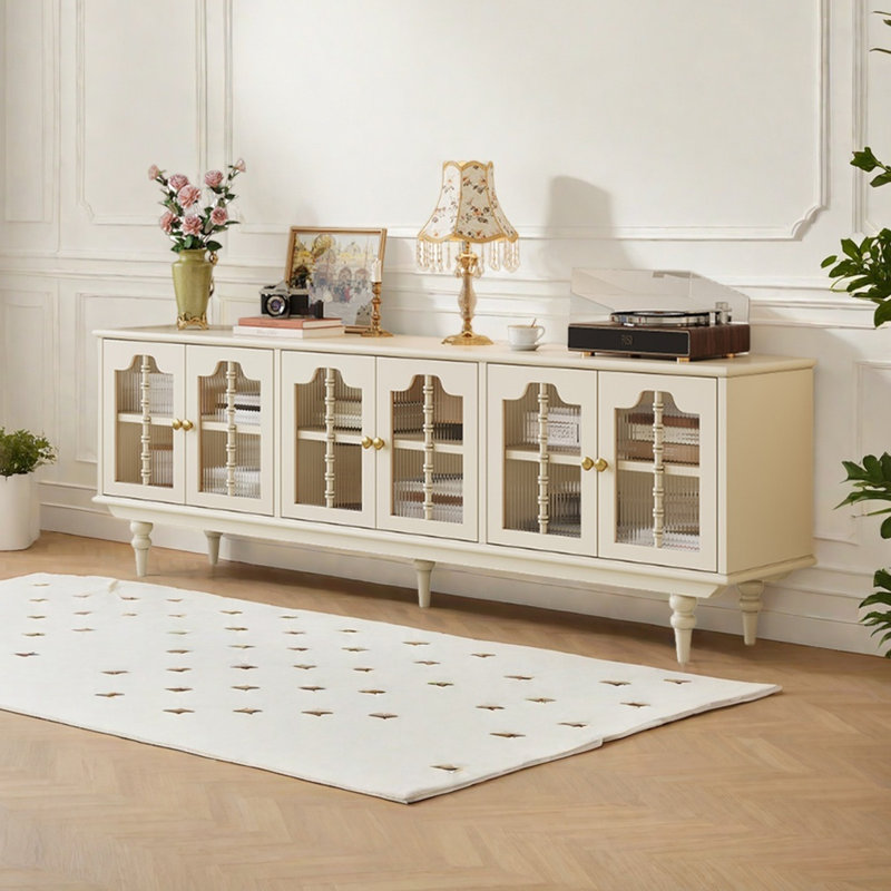 Meuble télé en bois de cerisier avec portes en verre nervuré, H 26 po x L 78,74 po x l 15,75 po