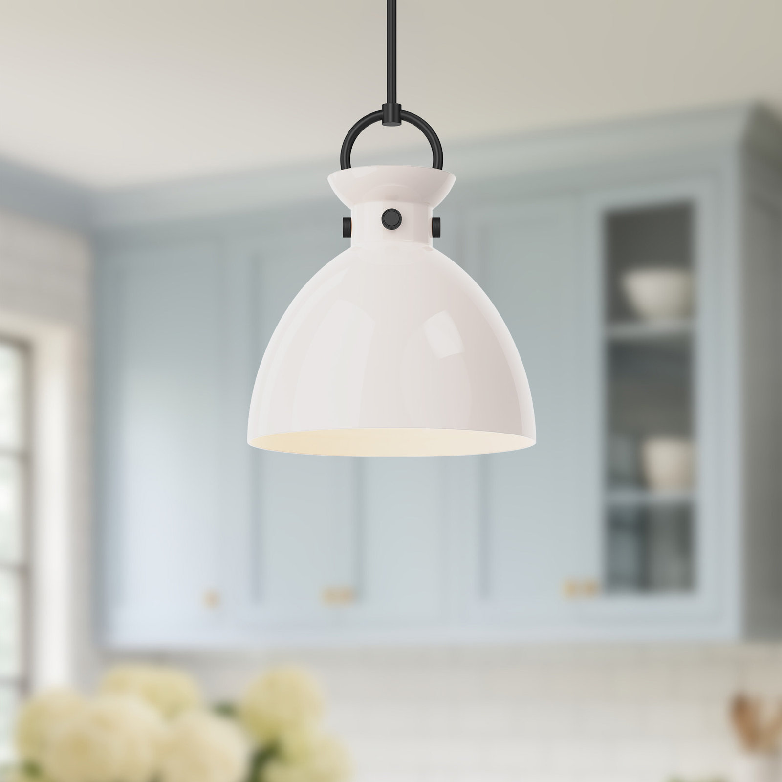 Tinka Single Light Glass Steel Pendant, Matte Black, 17.13" H x 14" W x 14" D