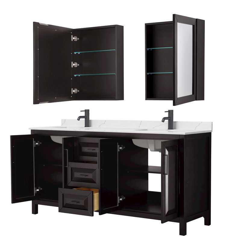 Meuble-lavabo double 72 po avec plateau en quartz et miroir Daria, Quartz Giotto, Brun, Noir mat