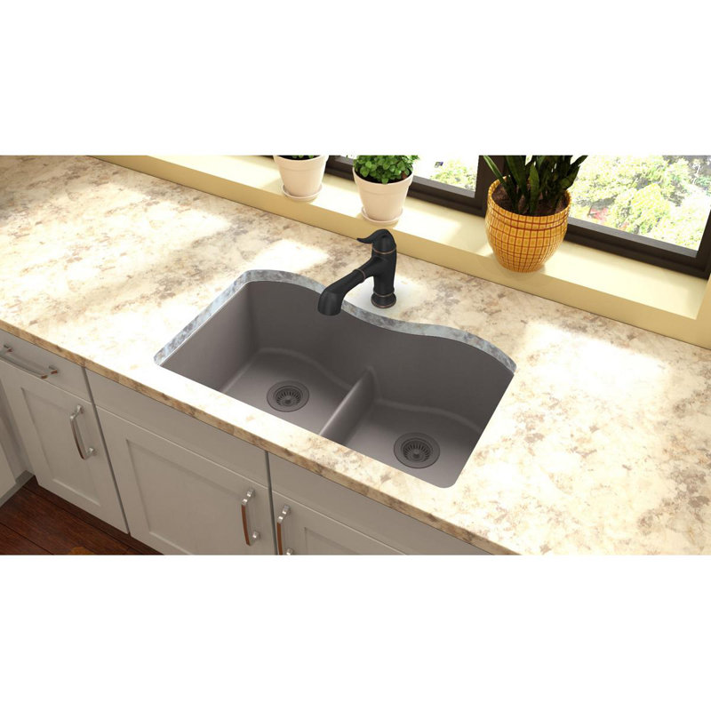 Quartz Classic 33" x 20" x 9-1/2" Double Basin Undermount Kitchen Sink, Greige