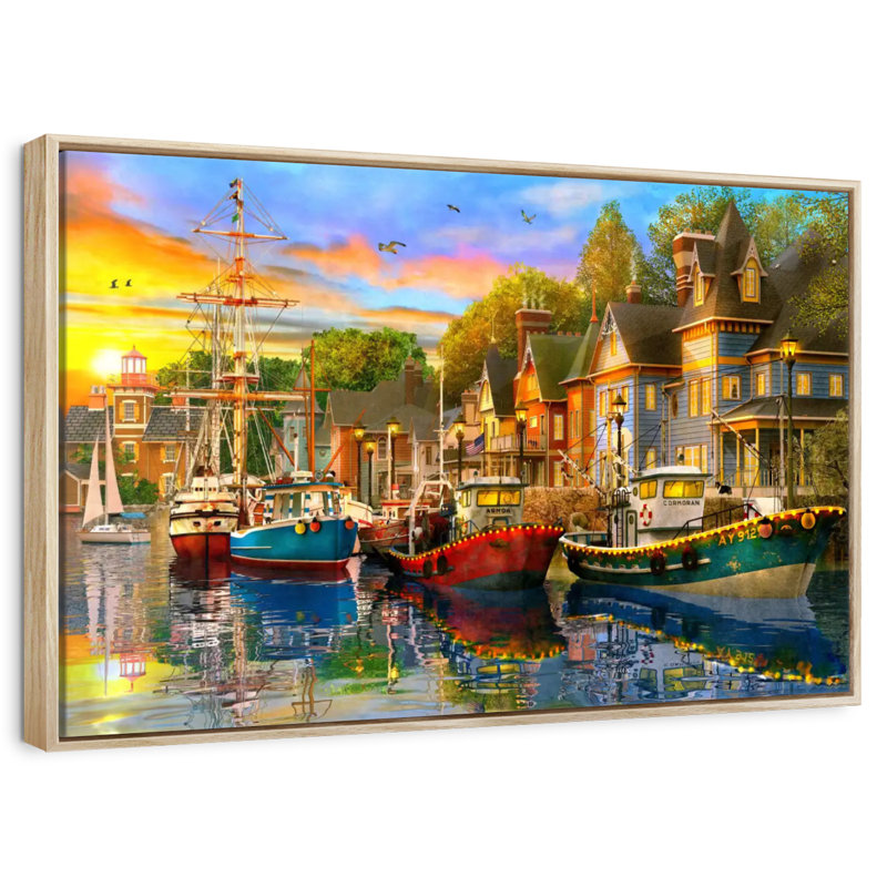Lumières du port, Cadre flottant en bois naturel, 46 po x 31 po