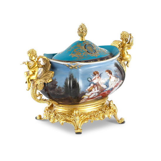 Pot luxueux et classique en bronze orné de porcelaine avec poignées chérubin pour espace de vie, décoration intérieure