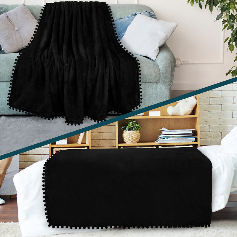 Black Fleece Pom Pom Fringe Throw Blanket