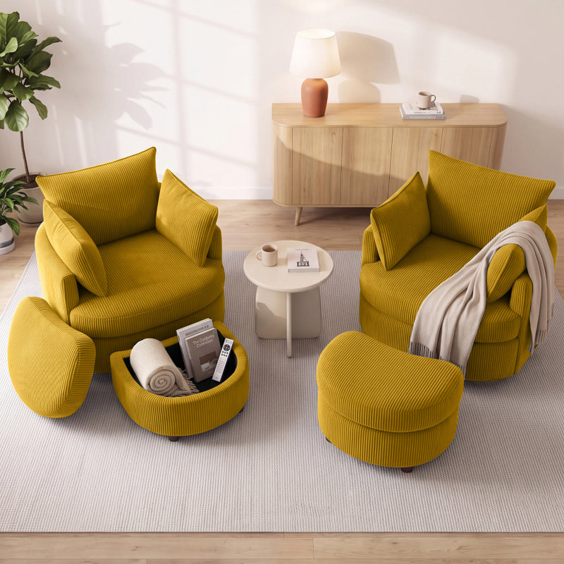 Fauteuil d'appoint pivotant en tonneau avec rangement caché Corduroy (ensemble de 2), Jaune