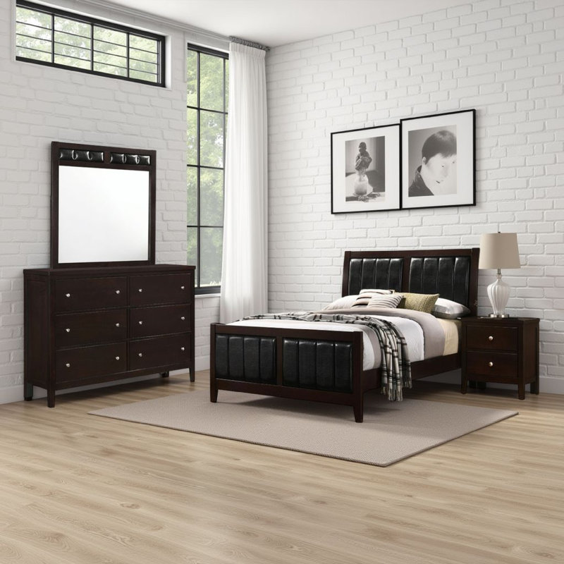 Ensemble de chambre à coucher double 4 pièces Vida, revêtement en similicuir brun, commode, Noir / brun cappuccino / nickel