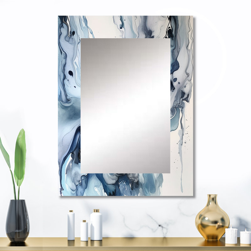 Bleu et gris Elixir II - miroir mural décoratif abstrait, grand miroir bleu, impression d'art en métal, 32 po x 24 po